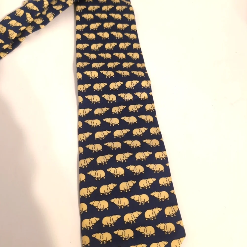 Edgar Pomeroy Navy‎ and Yellow 100% Silk Handmade in England Hippo Motif Tie